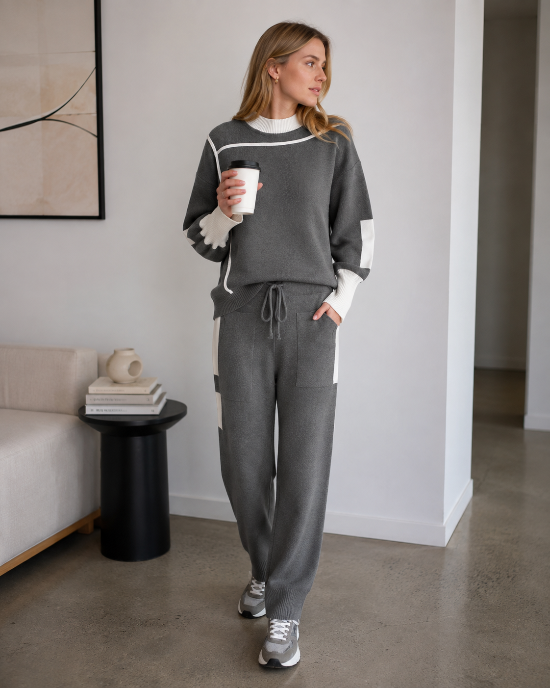 Harlow Ensemble en Maille Femme – Pull Contrasté & Pantalon Taille Ajustable