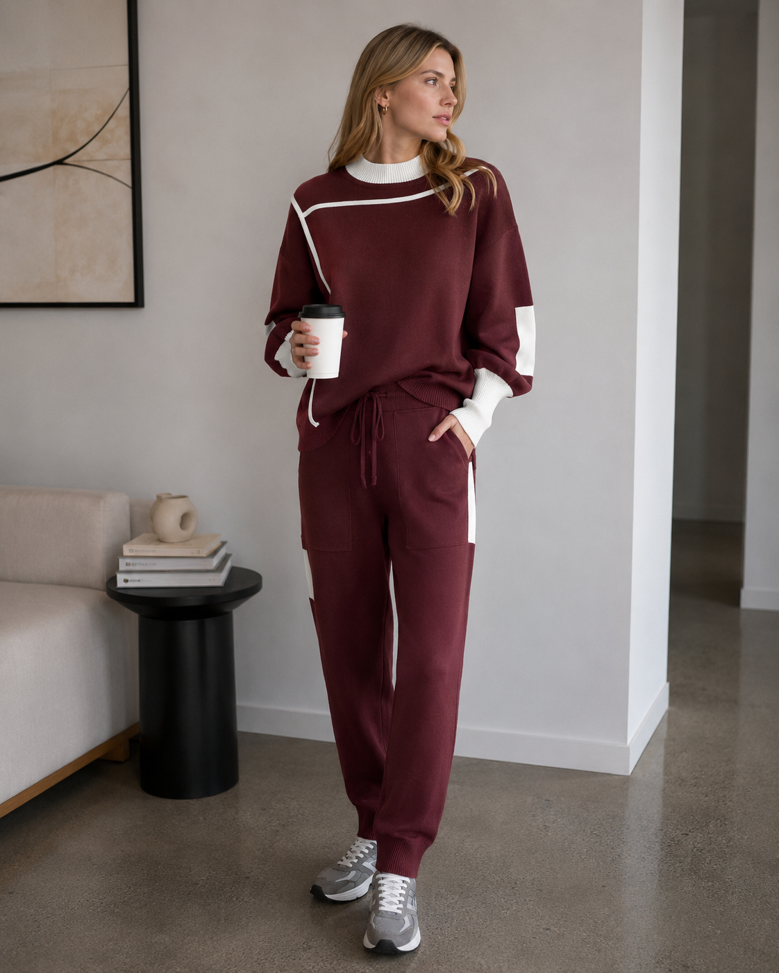 Harlow Ensemble en Maille Femme – Pull Contrasté & Pantalon Taille Ajustable
