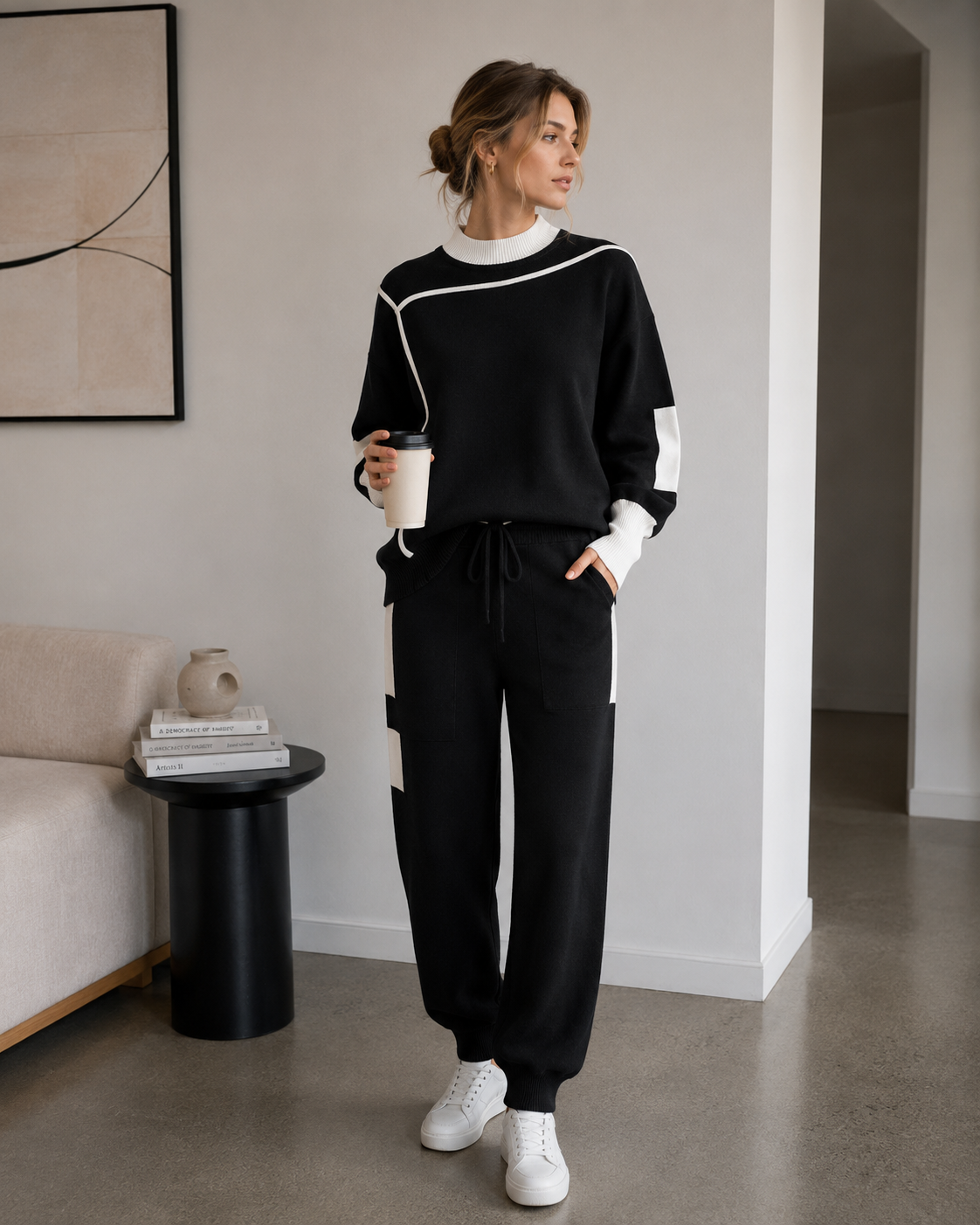 Harlow Ensemble en Maille Femme – Pull Contrasté & Pantalon Taille Ajustable