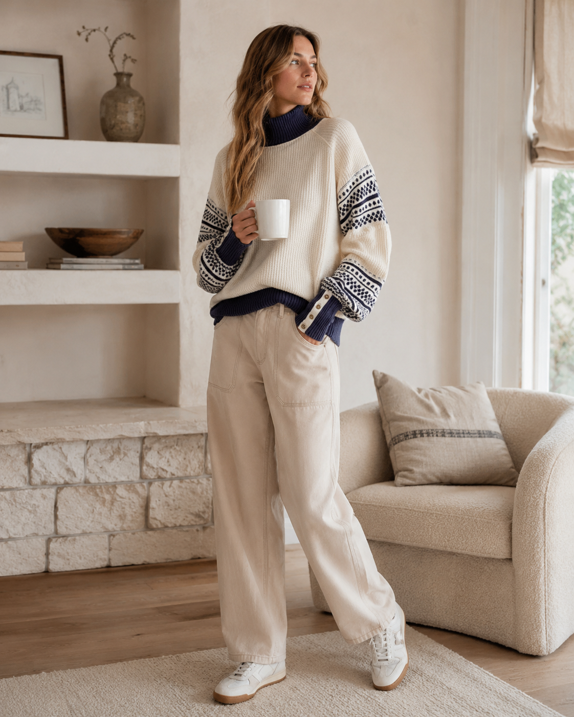 Ainsley Pull Oversize Femme – Maille Douce, Col Montant & Manches Motif Rétro