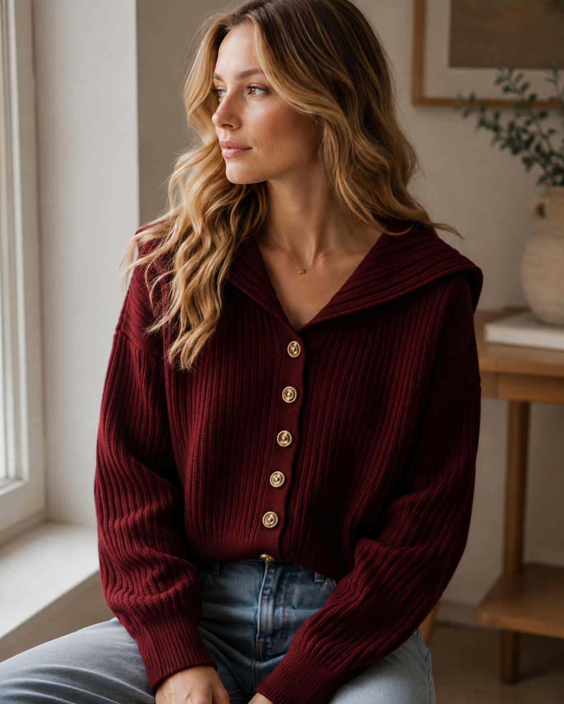 Sloane Cardigan en Maille Femme – Col Marin, Boutonné & Texture Côtelée