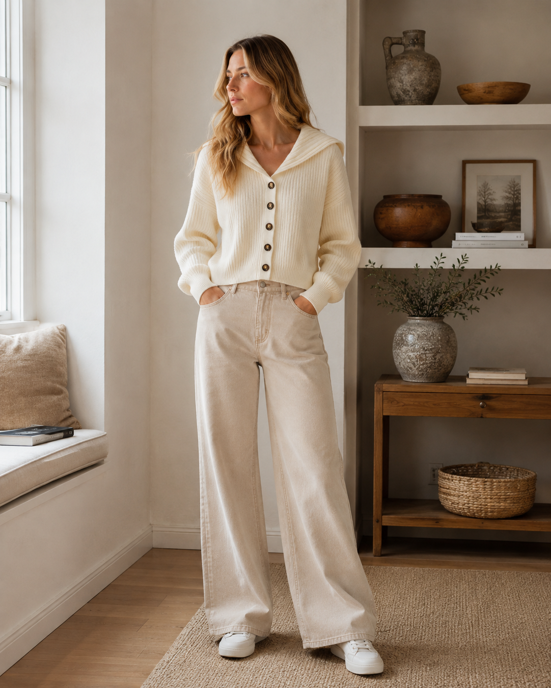 Sloane Cardigan en Maille Femme – Col Marin, Boutonné & Texture Côtelée
