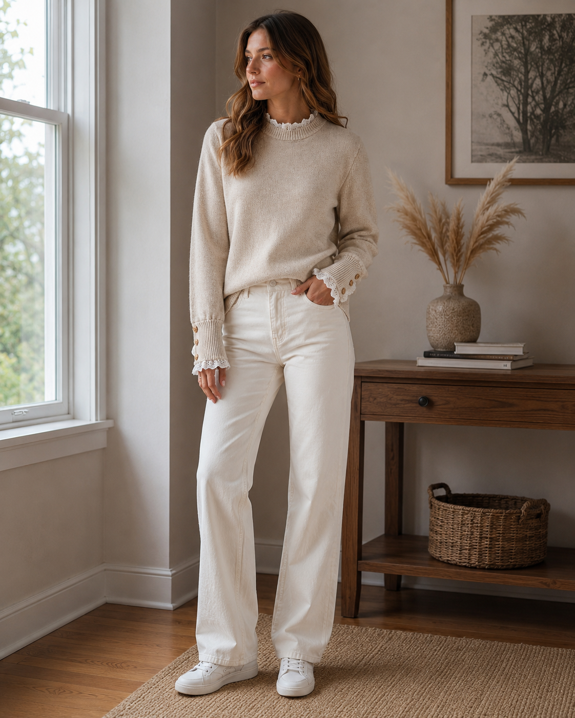 Greer Pull en Maille Femme – Détails Dentelle, Poignets Boutonnés & Manches Longues