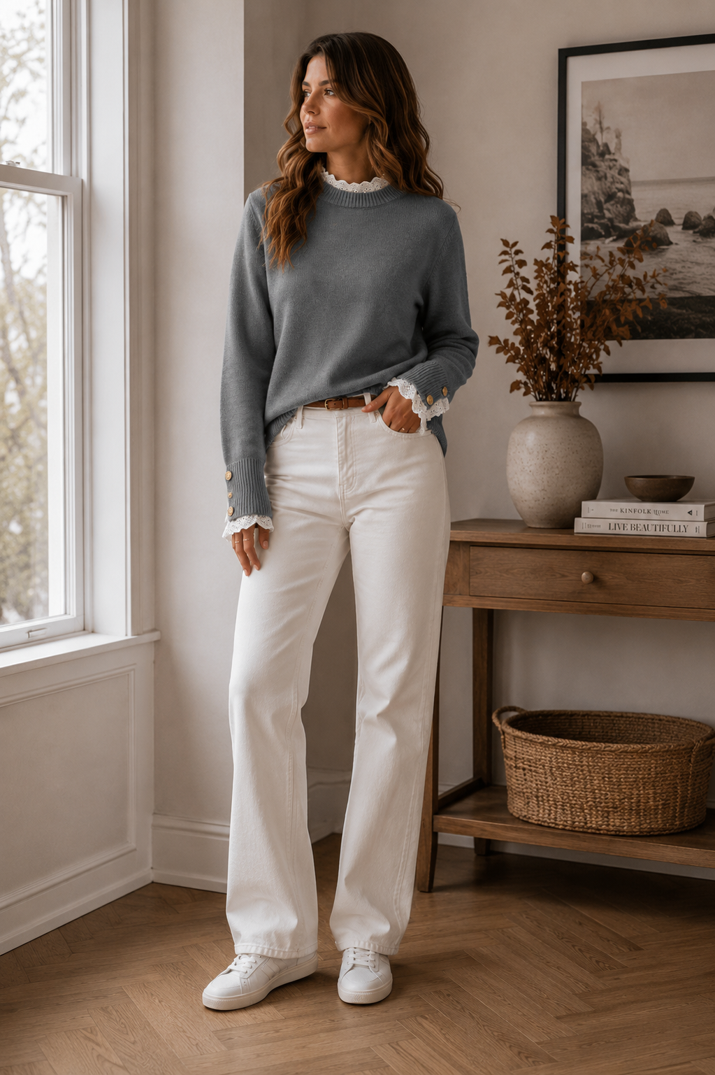 Greer Pull en Maille Femme – Détails Dentelle, Poignets Boutonnés & Manches Longues
