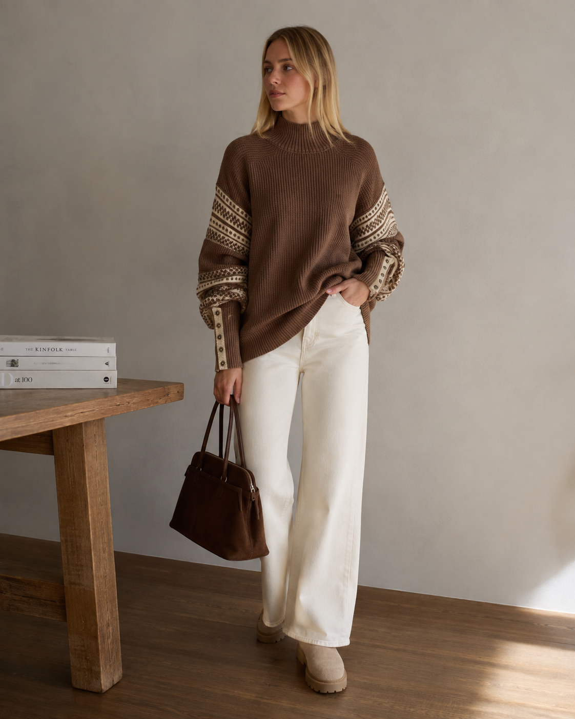 Ainsley Pull Oversize Femme – Maille Douce, Col Montant & Manches Motif Rétro