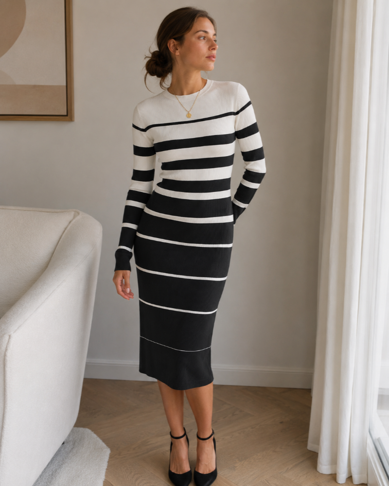Nadine Robe Pull Midi Femme – Maille Rayée Ajustée à Manches Longues