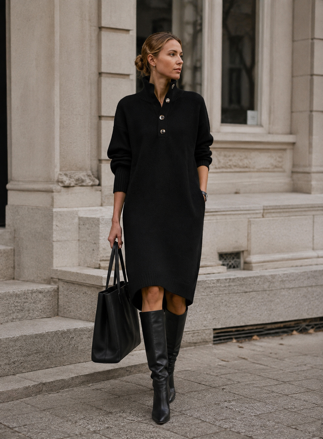 Kaia Robe Pull Midi Femme – Maille Douce, Col Montant & Coupe Décontractée