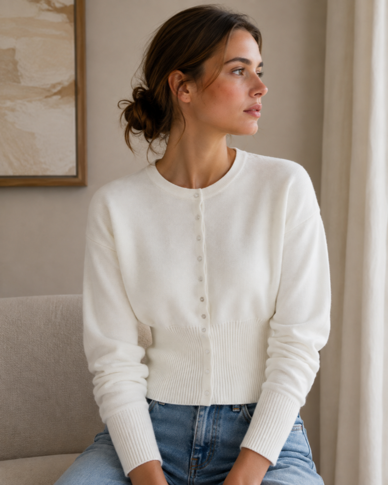 Odette Cardigan Femme – Taille Cintrée, Col Rond & Maille Boutonnée