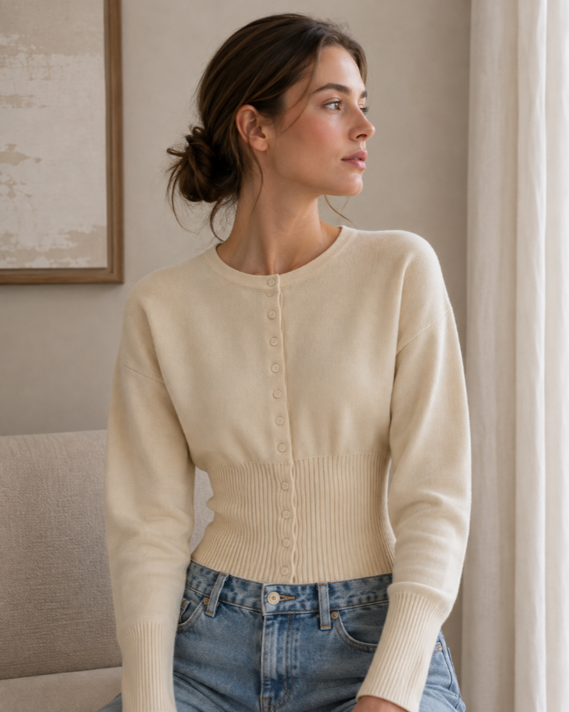 Odette Cardigan Femme – Taille Cintrée, Col Rond & Maille Boutonnée