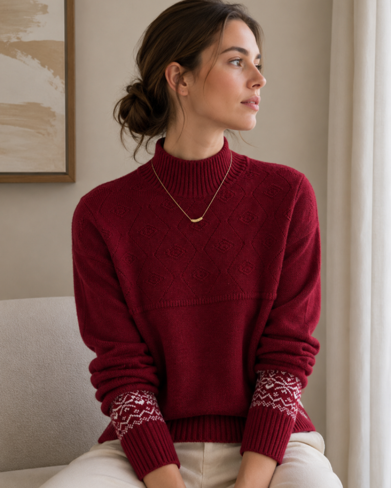 Mavis Pull Femme – Col Montant, Maille Jacquard & Motifs Géométriques