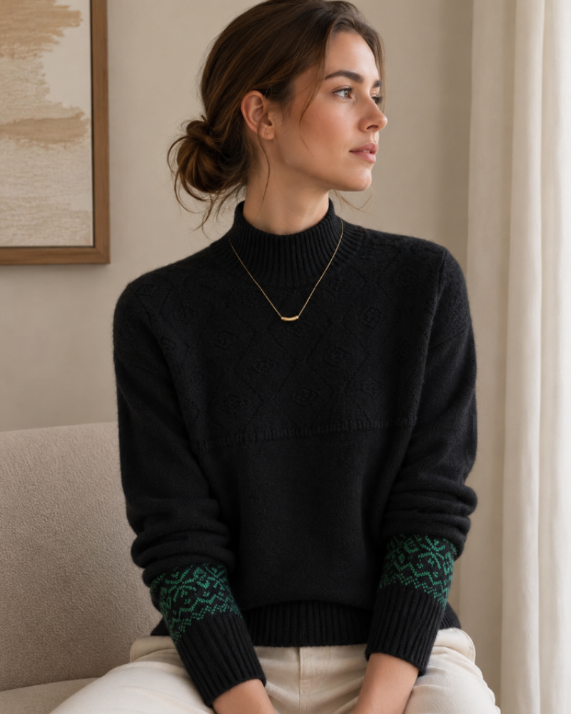 Mavis Pull Femme – Col Montant, Maille Jacquard & Motifs Géométriques