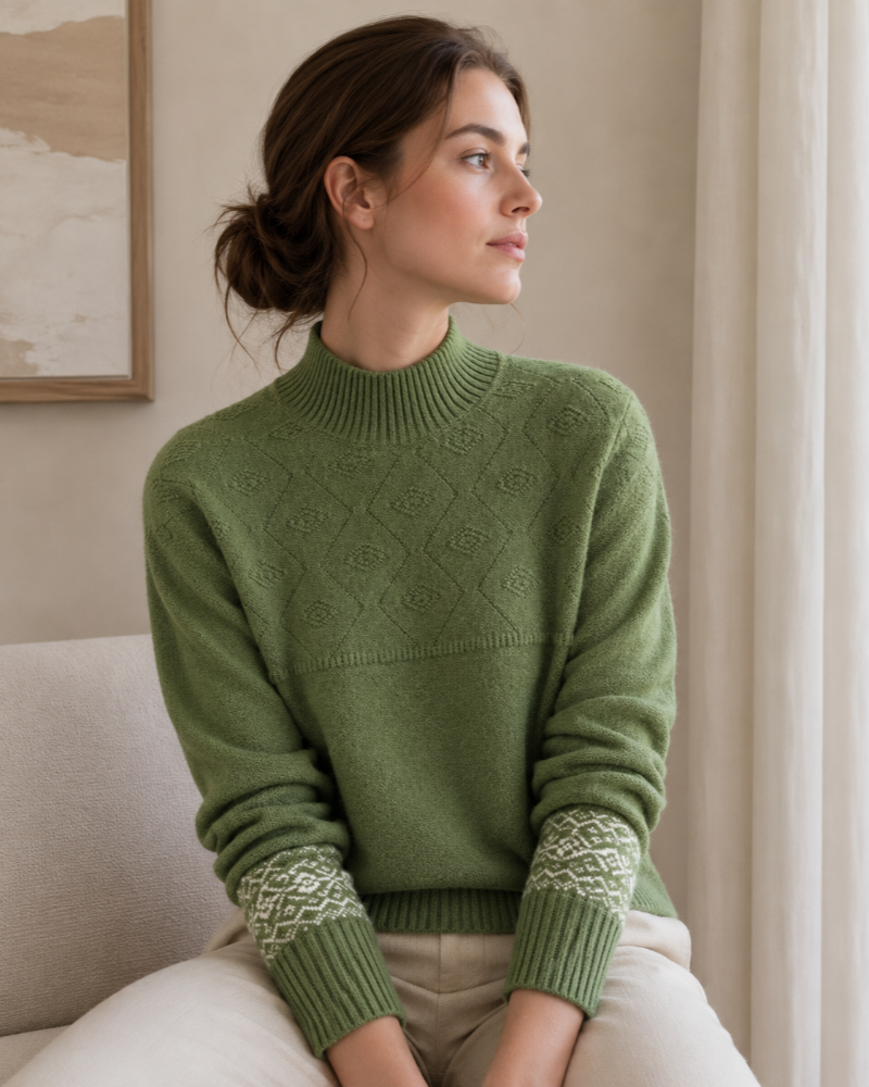 Mavis Pull Femme – Col Montant, Maille Jacquard & Motifs Géométriques