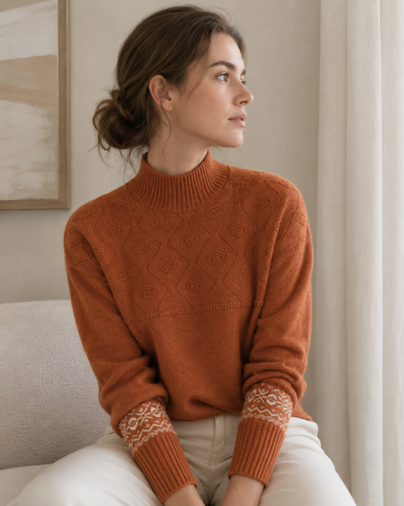 Mavis Pull Femme – Col Montant, Maille Jacquard & Motifs Géométriques