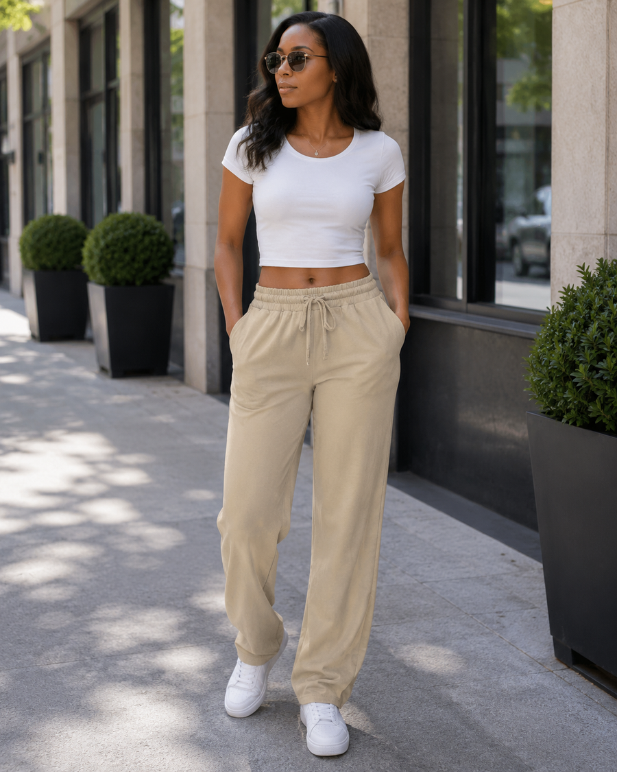 Amelina · Pantalón recto elástico con cintura de cordón y bolsillos