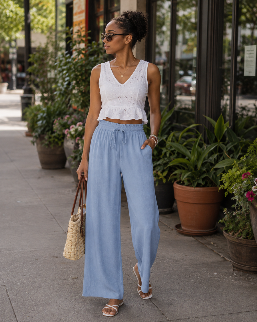 Anaïs · Pantalón palazzo de cintura alta elástica con bolsillos