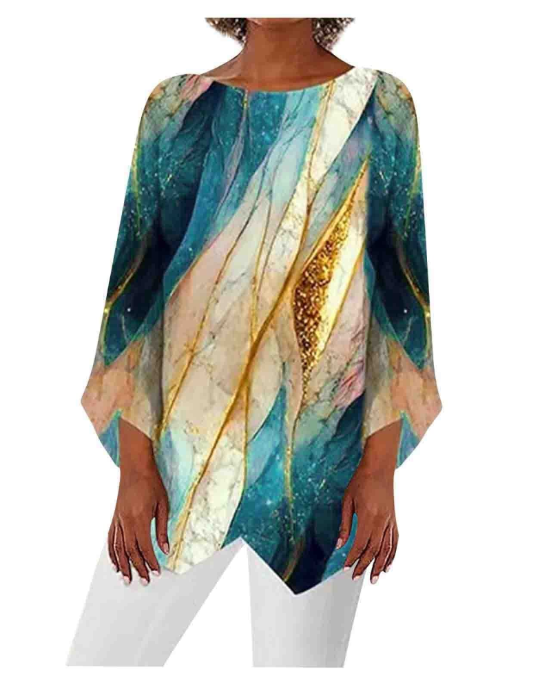 Adelina Tunique Femme – Col Rond, Manches 3/4, Imprimé Floral, Coupe Longue & Ample