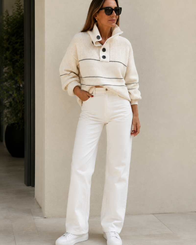 Brielley Pull Col Montant Femme – Maille Texturée Rayée à Boutons et Coupe Ample