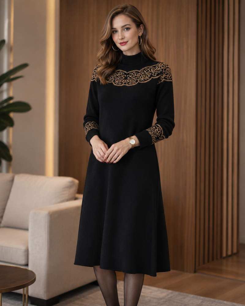 Mavis Robe Pull Midi Femme – Maille à Motif Contrastant et Manches Longues