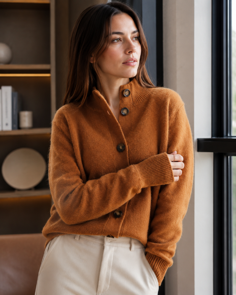 Luz Cardigan Boutonné Femme – Maille Douce à Col Montant et Manches Longues