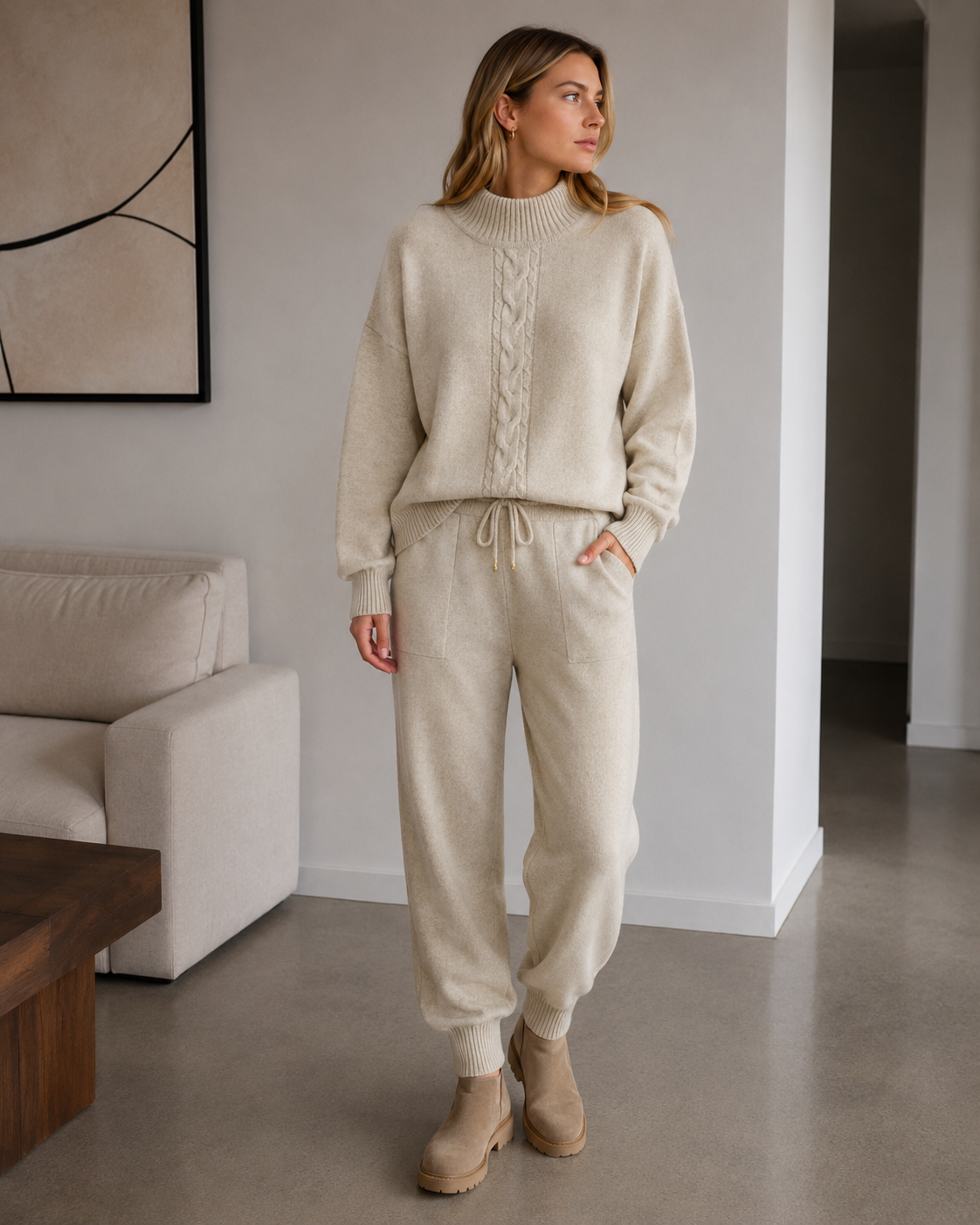 Wren Ensemble en Maille Femme – Pull Torsadé & Pantalon Taille Haute