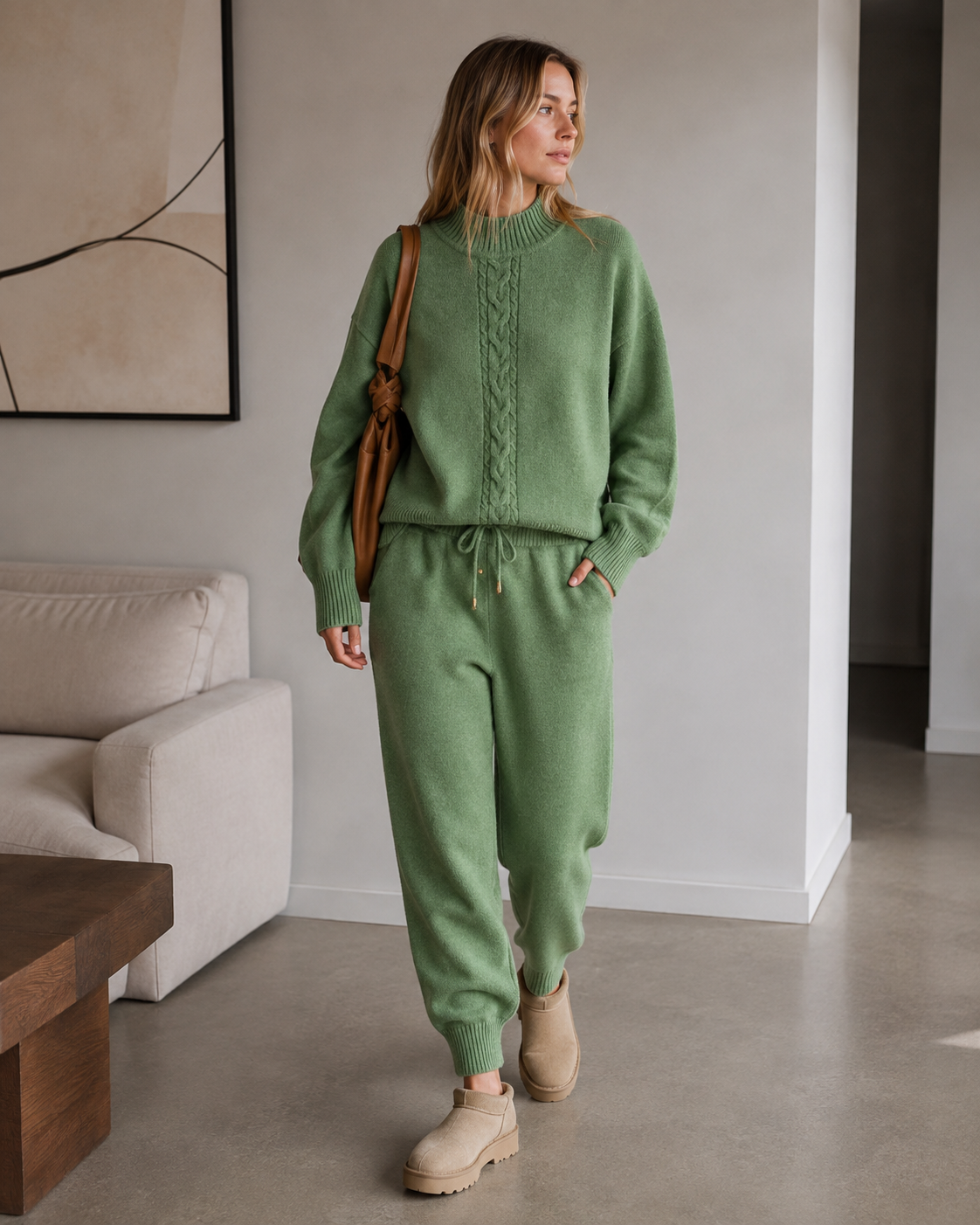 Wren Ensemble en Maille Femme – Pull Torsadé & Pantalon Taille Haute