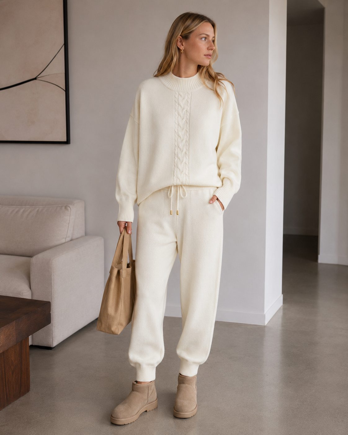 Wren Ensemble en Maille Femme – Pull Torsadé & Pantalon Taille Haute