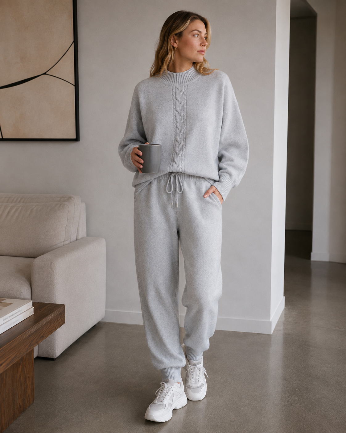 Wren Ensemble en Maille Femme – Pull Torsadé & Pantalon Taille Haute