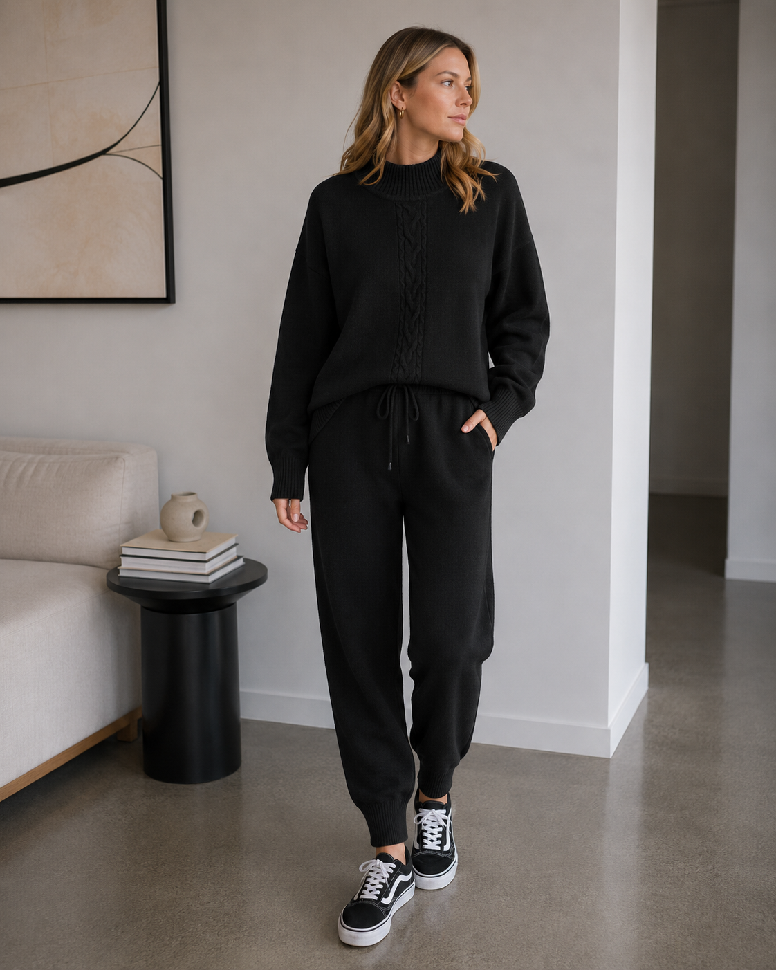 Wren Ensemble en Maille Femme – Pull Torsadé & Pantalon Taille Haute