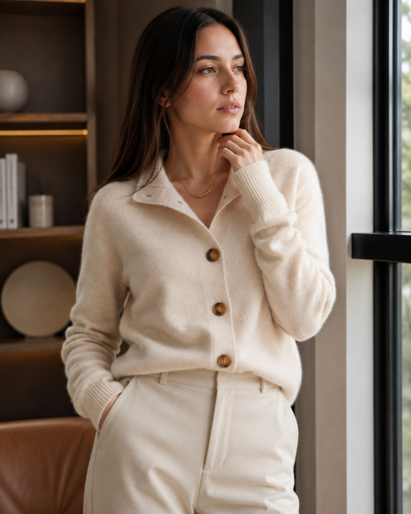 Luz Cardigan Boutonné Femme – Maille Douce à Col Montant et Manches Longues