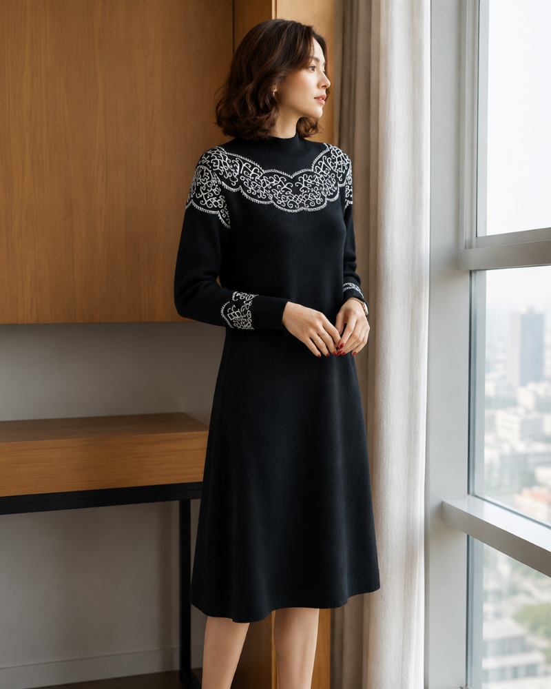 Mavis Robe Pull Midi Femme – Maille à Motif Contrastant et Manches Longues
