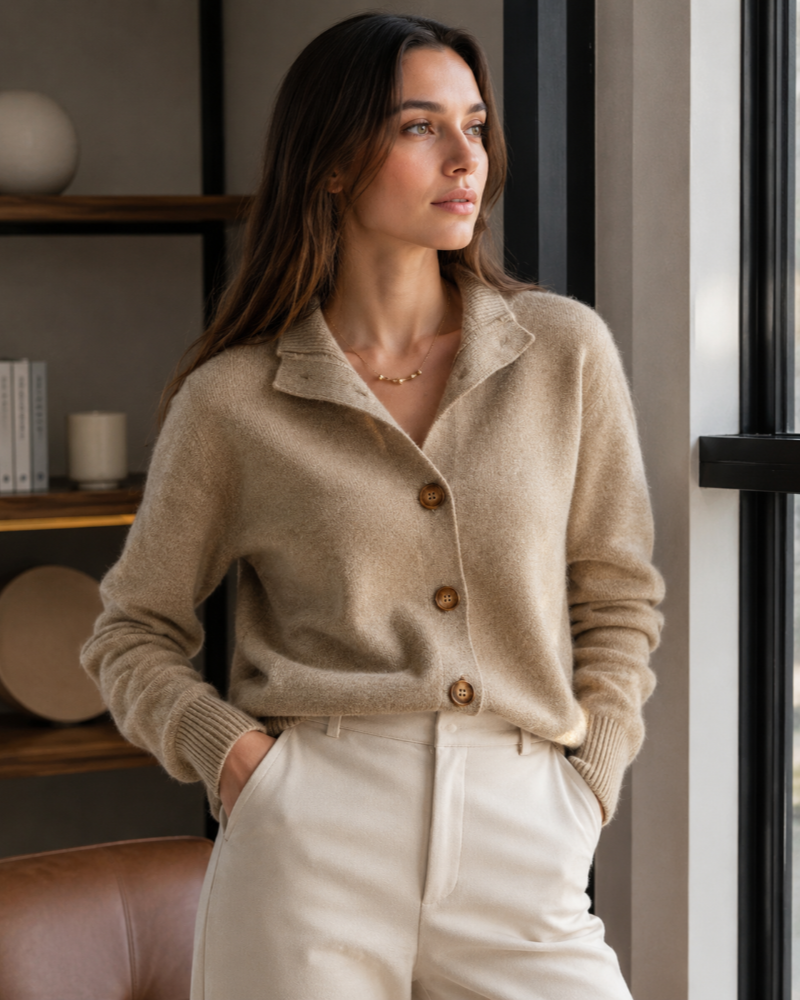 Luz Cardigan Boutonné Femme – Maille Douce à Col Montant et Manches Longues