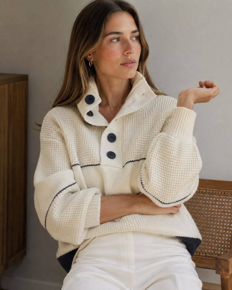 Brielley Pull Col Montant Femme – Maille Texturée Rayée à Boutons et Coupe Ample
