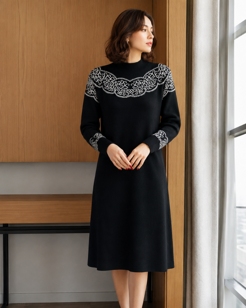 Mavis Robe Pull Midi Femme – Maille à Motif Contrastant et Manches Longues
