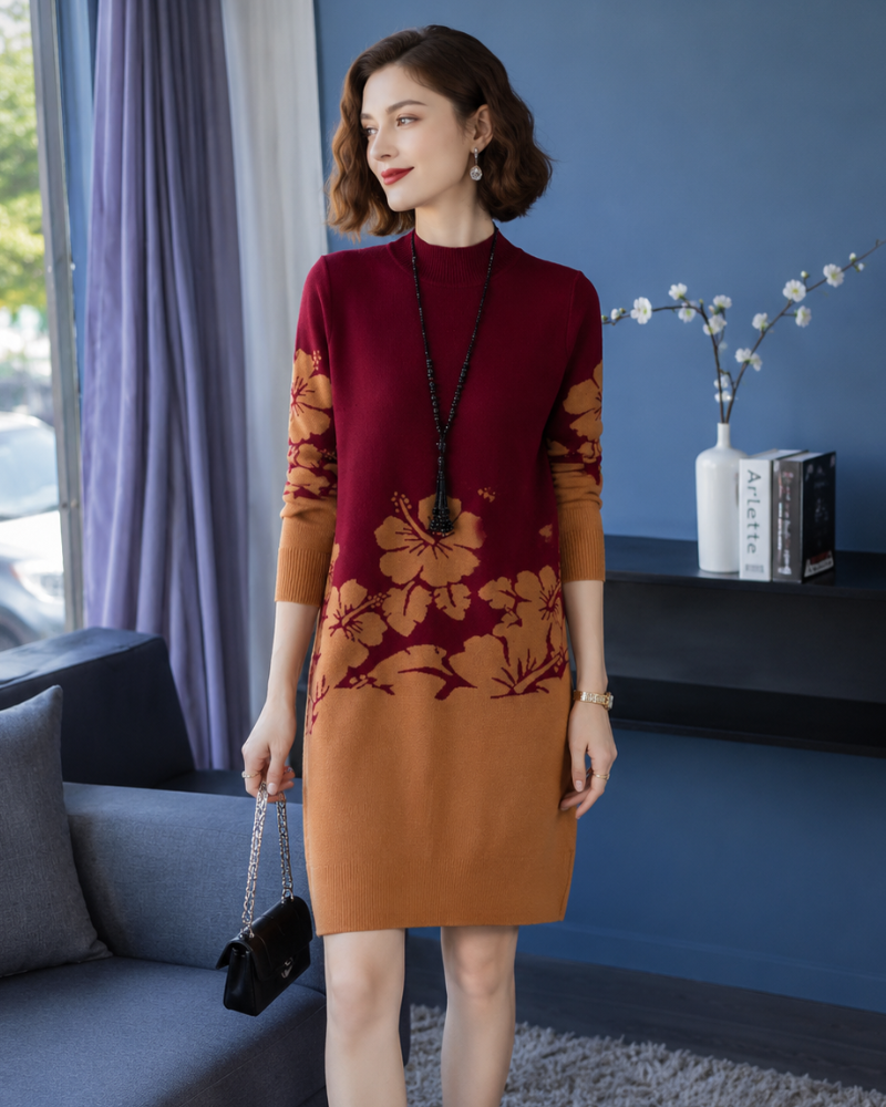 Lenora Robe Pull Midi Femme – Maille Florale à Col Montant et Manches Longues