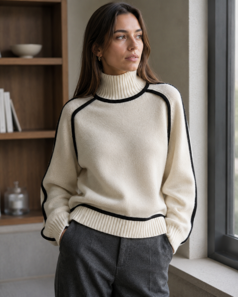 Tabitha Pull Col Montant Femme – Maille Oversize à Liserés Contrastants