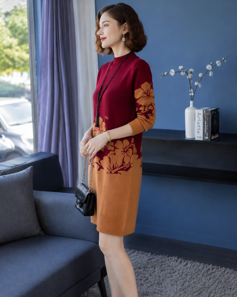 Lenora Robe Pull Midi Femme – Maille Florale à Col Montant et Manches Longues