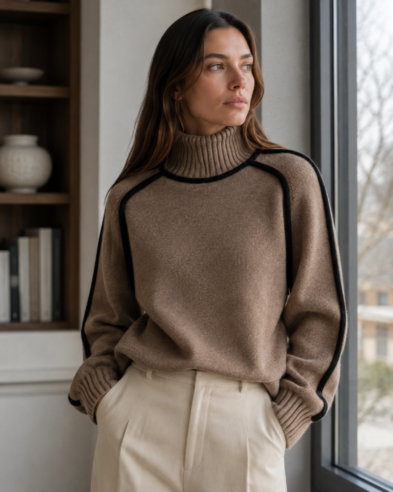 Tabitha Pull Col Montant Femme – Maille Oversize à Liserés Contrastants