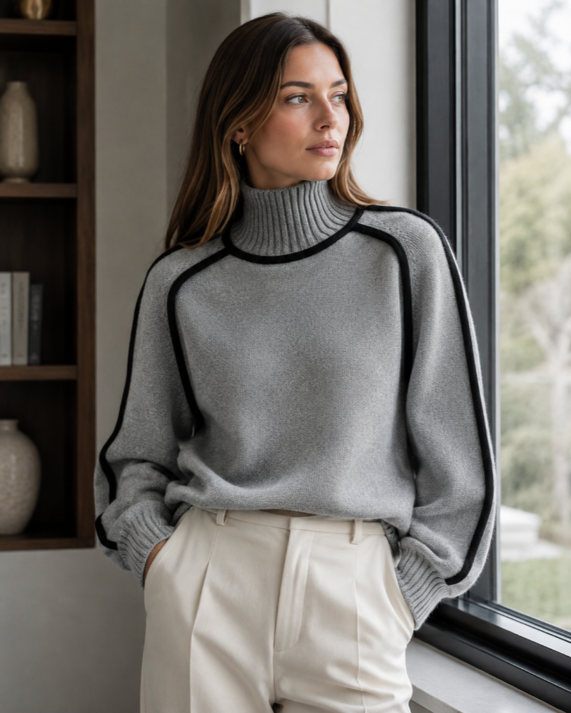 Tabitha Pull Col Montant Femme – Maille Oversize à Liserés Contrastants