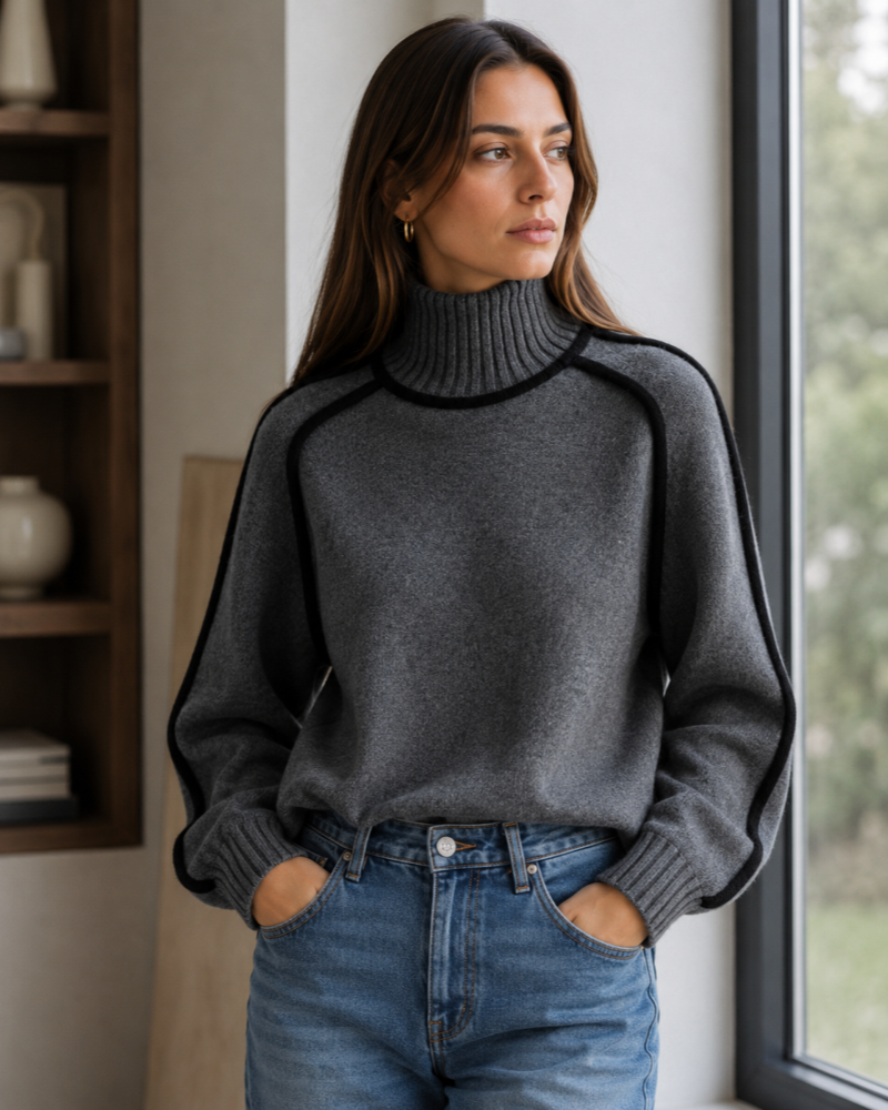 Tabitha Pull Col Montant Femme – Maille Oversize à Liserés Contrastants