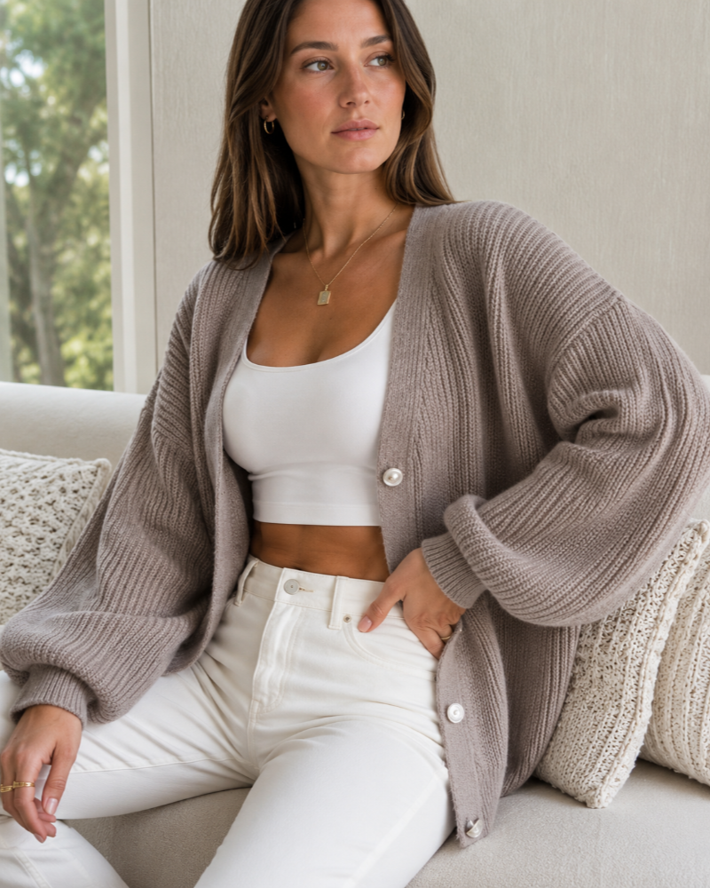 Rosalie Cardigan Femme – Maille Oversize Boutonnée à Manches Ballon
