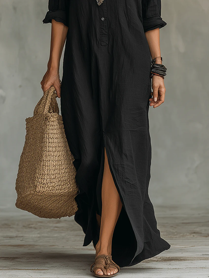 Soline | Vestido Maxi Largo Negro con Botones