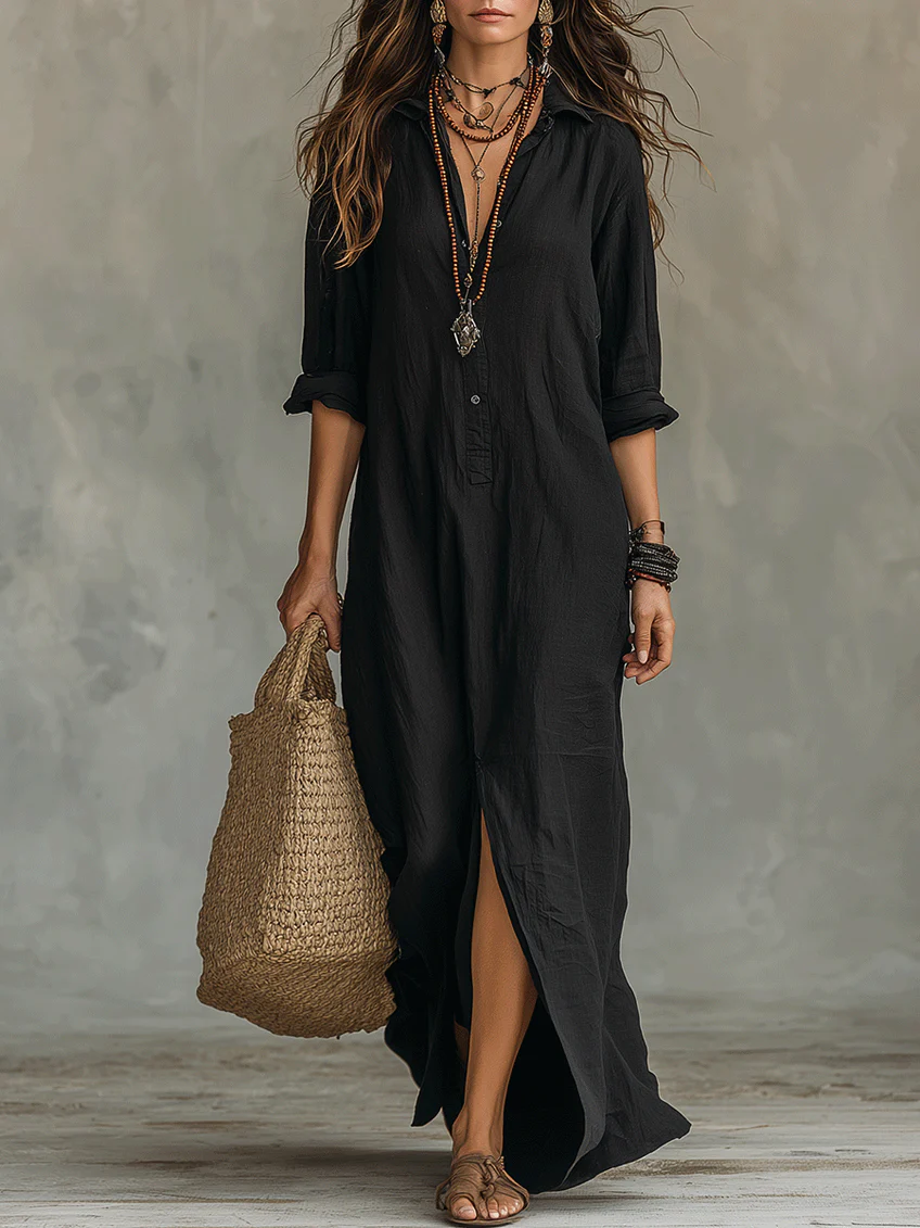 Soline | Vestido Maxi Largo Negro con Botones