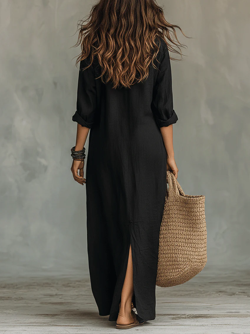 Soline | Vestido Maxi Largo Negro con Botones