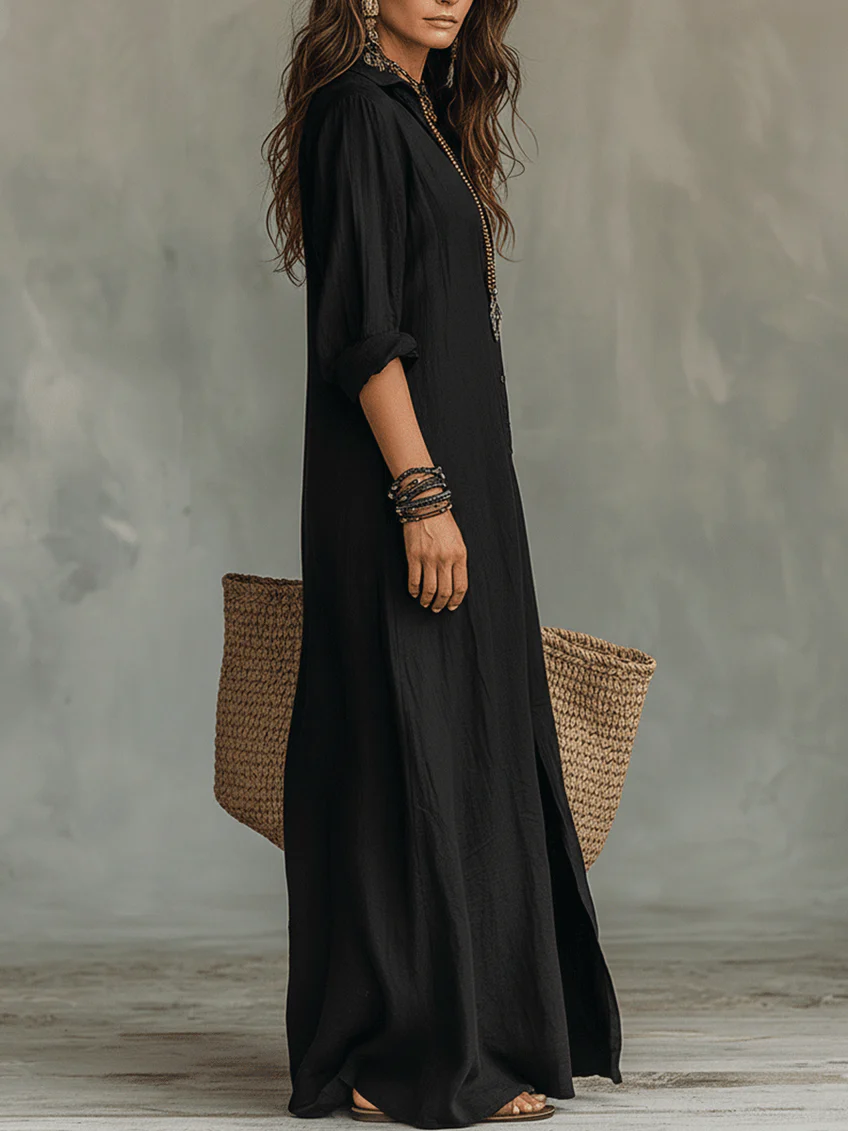 Soline | Vestido Maxi Largo Negro con Botones