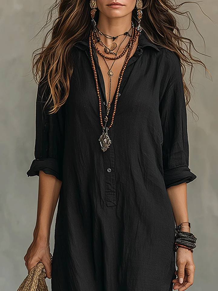 Soline | Vestido Maxi Largo Negro con Botones