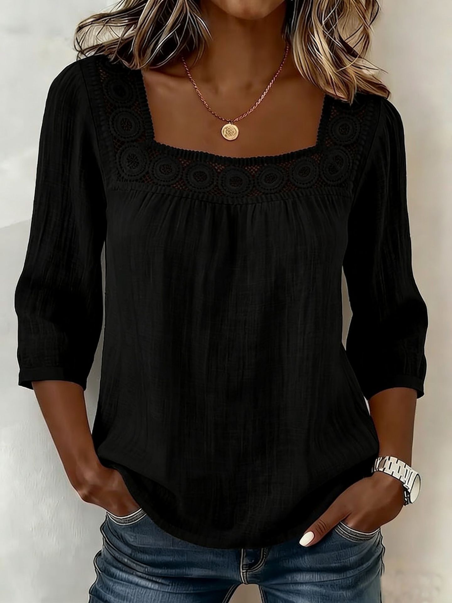 Blusa mujer de algodón y lino con encaje elegante