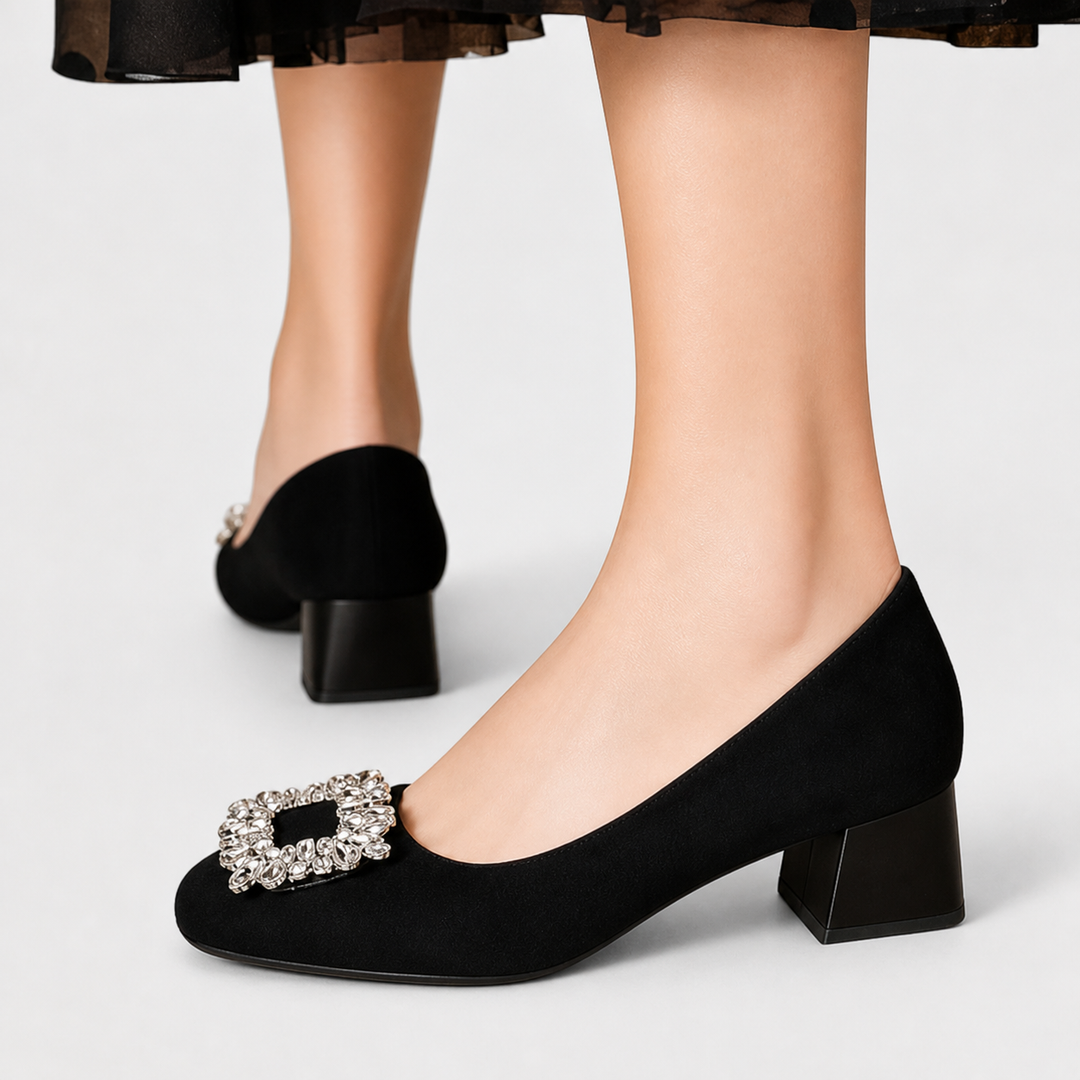 Casimira™ | Zapato de Ante con Broche de Joya y Tacón de Bloque