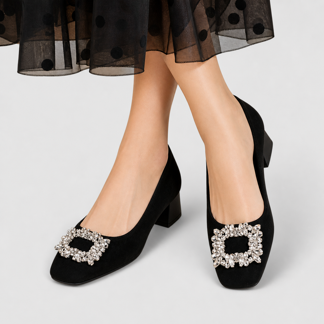 Casimira™ | Zapato de Ante con Broche de Joya y Tacón de Bloque