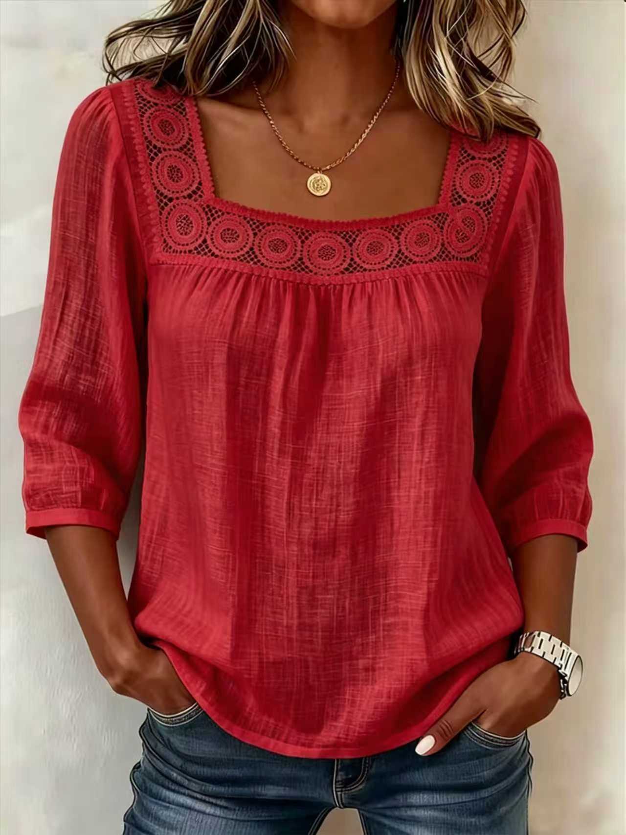 Blusa mujer de algodón y lino con encaje elegante