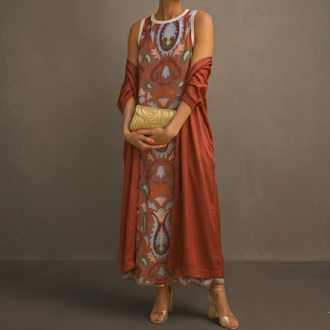 Conjunto de vestido largo femenino con chaleco abierto a juego